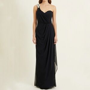 XSCAPE Black Embellished One Shoulder Ruched Maxi Dress Gown size 4